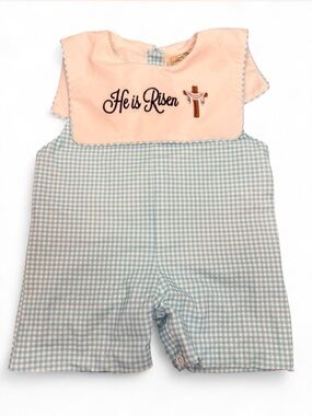 New sweet southern smocks gingham “He is Risen” blue white romper size 6months